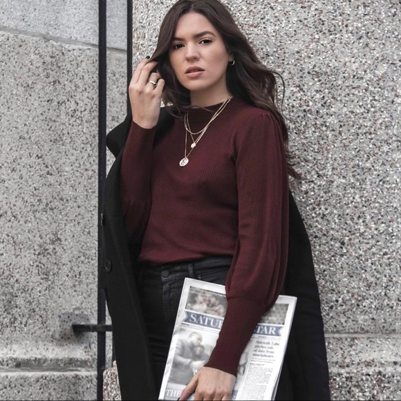 ZARA Knit Ribbed Crew Neck Shirt with Balloon Sleeves (lightly worn) - Picture 3 of 5